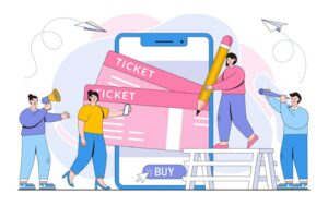 Colorful illustration of hostel event tickets, representing social experiences for travelers.
