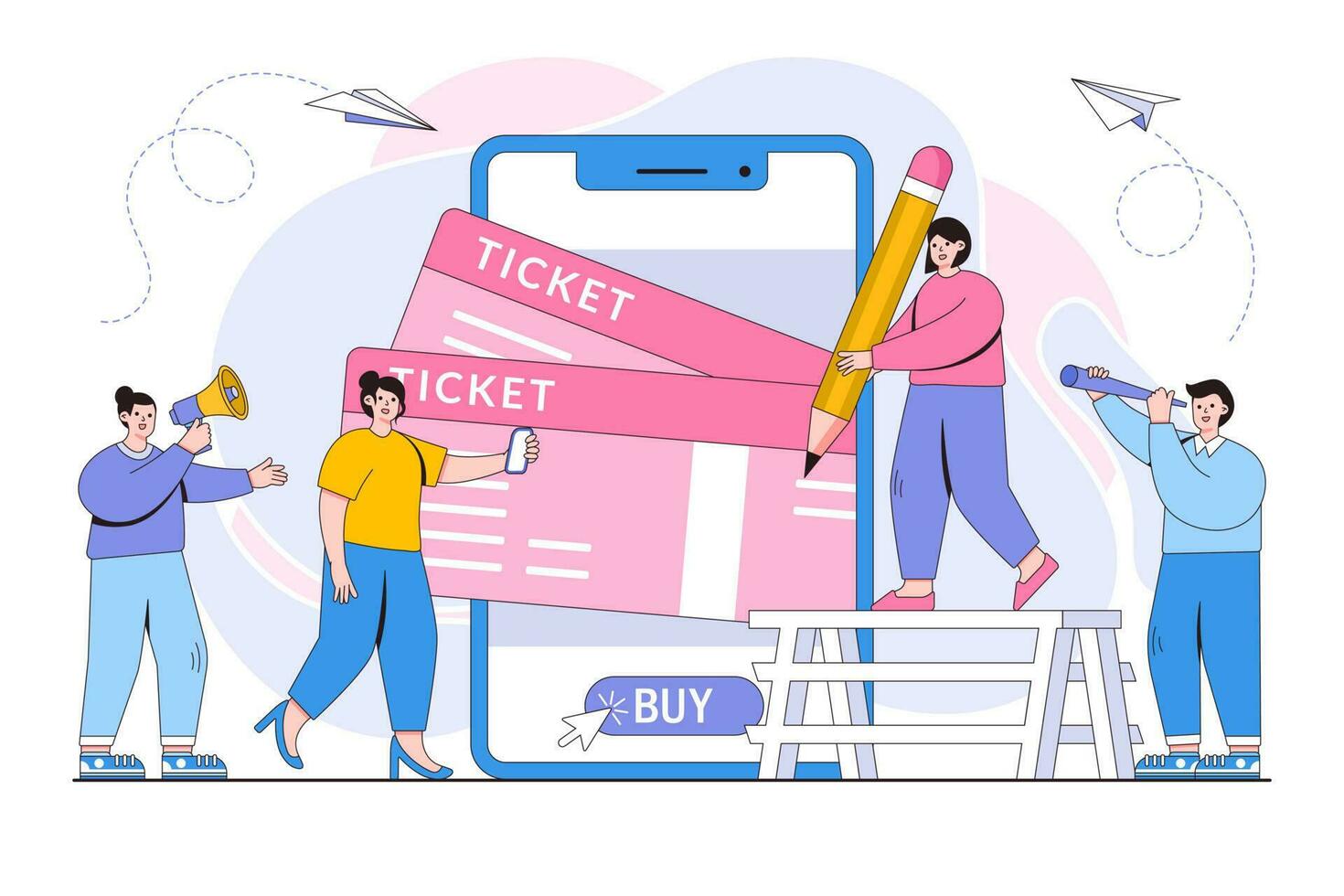 Colorful illustration of hostel event tickets, representing social experiences for travelers.